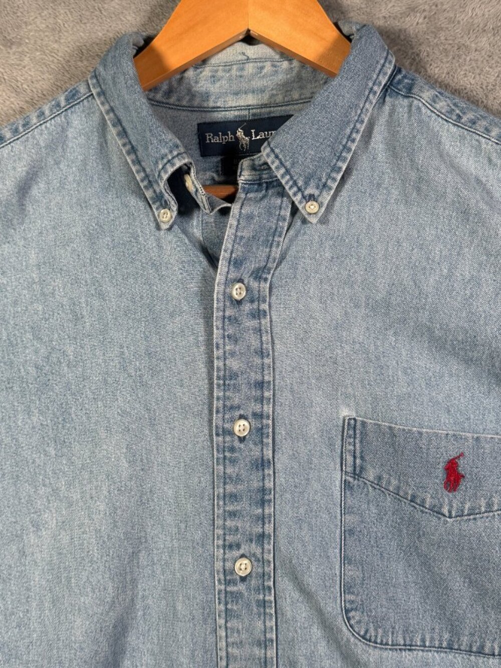Ralph Lauren Denim Shirt Mens L Light Wash Blue Big Shirt Long Sleeve Vintage